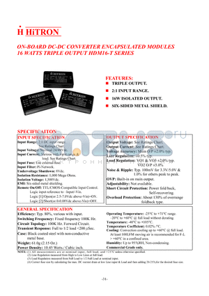 HDM16-24B-T5/5 datasheet - ON-BOARD DC-DC CONVERTER ENCAPSULATED MODULES 16WATTS TRIPLE OUTPUT