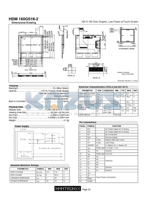 HDM160GS16-2 datasheet - 160 X 160 Dots Graphic, Low Power w/Touch Screen