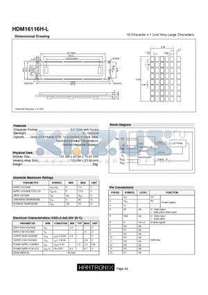 HDM16116H-L datasheet - 16 Character x 1 Line Very Large Characters