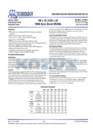 GS8160E18T-150 datasheet - 1M x 18, 512K x 36 18Mb Sync Burst SRAMs