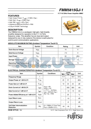 FMM5815GJ-1 datasheet - 17.7-19.7GHz Power Amplifier MMIC
