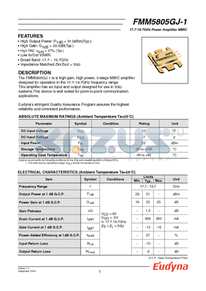 FMM5805GJ-1 datasheet - 17.7-19.7GHz Power Amplifier MMIC