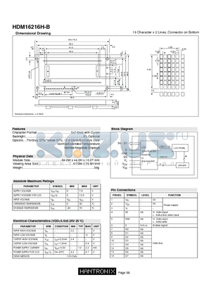 HDM16216H-B datasheet - 16 Character x 2 Lines, Connector on Bottom