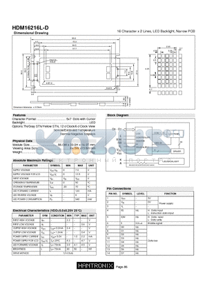 HDM16216L-D datasheet - 16 Character x 2 Lines, LED Backlight, Narrow PCB