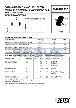 FMMD2835 datasheet - SOT23 SILICON PLANAR HIGH SPEED SWITCHING COMMON ANODE DIODE PAIR