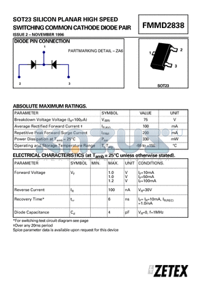 FMMD2838 datasheet - SOT23 SILICON PLANAR HIGH SPEED SWITCHING COMMON CATHODE DIODE PAIR