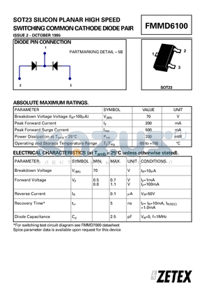 FMMD6100 datasheet - SOT23 SILICON PLANAR HIGH SPEED SWITCHING COMMON CATHODE DIODE PAIR