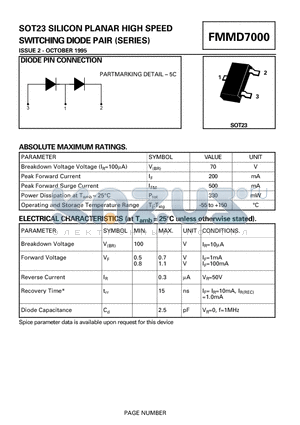 FMMD7000 datasheet - SOT23 SILICON PLANAR HIGH SPEED SWITCHING DIODE PAIR (SERIES)