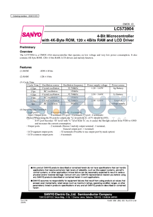 LC573904 datasheet - 4-Bit Microcontroller with 4K-Byte ROM, 120  4Bits RAM and LCD Driver