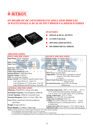 HDM20-12B-D05 datasheet - ON-BOARD DC-DC CONVERTER ENCAPSULATED MODULES 20 WATTS SINGLE & DUAL OUTPUT