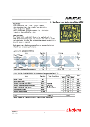 FMM5709X datasheet - K/Ka Band Low Noise Amplifier MMIC