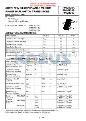 FMMT38B datasheet - SOT23 NPN SILICON PLANAR MEDIUM POWER DARLINGTON TRANSISTORS