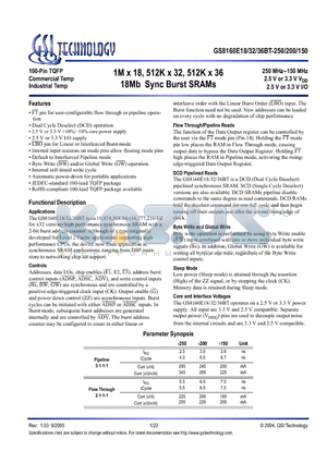GS8160E36BT-150 datasheet - 1M x 18, 512K x 32, 512K x 36 18Mb Sync Burst SRAMs