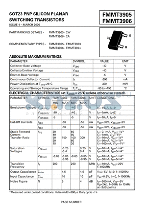 FMMT3905 datasheet - SOT23 PNP SILICON PLANAR SWITCHING TRANSISTORS