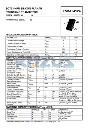 FMMT4124 datasheet - SOT23 NPN SILICON PLANAR SWITCHING TRANSISTOR