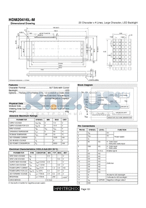 HDM20416L-M datasheet - 20 Character x 4 Lines, Large Character, LED Backlight