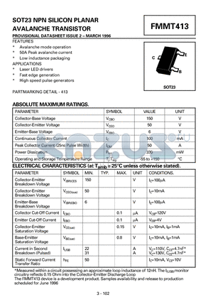 FMMT413 datasheet - NPN SILICON PLANAR AVALANCHE TRANSISTOR