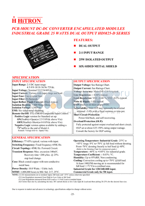 HDM25-12B-D12 datasheet - PCB-MOUNT DC-DC CONVERTER ENCAPSULATED MODULES INDUSTRIAL GRADE 25 WATTS DUAL OUTPUT