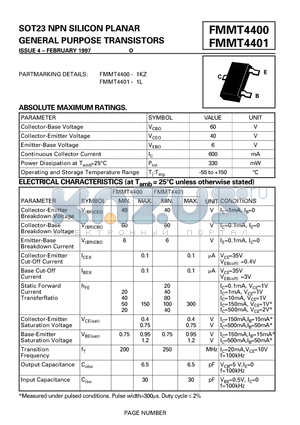 FMMT4400 datasheet - SOT23 NPN SILICON PLANAR GENERAL PURPOSE TRANSISTORS