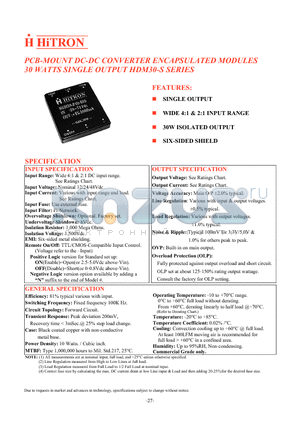 HDM30-12B-D12 datasheet - PCB-MOUNT DC-DC CONVERTER ENCAPSULATED MODULES 30 WATTS SINGLE OUTPUT