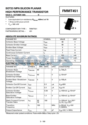 FMMT451 datasheet - SOT23 NPN SILICON PLANAR HIGH PERFROMANCE TRANSISTOR