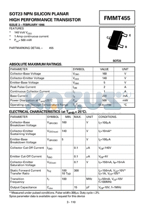 FMMT455 datasheet - SOT23 NPN SILICON PLANAR HIGH PERFORMANCE TRANSISTOR