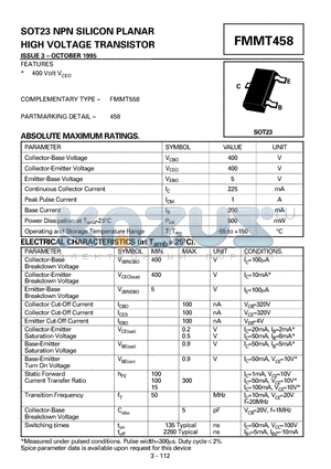 FMMT458 datasheet - NPN SILICON PLANAR HIGH VOLTAGE TRANSISTOR