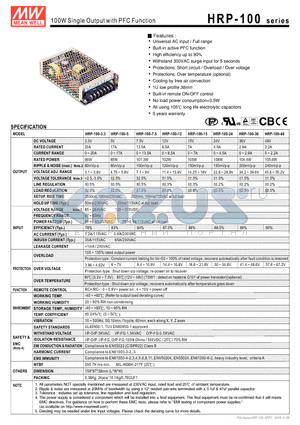 HRP-100 datasheet - 100W Single Output with PFC Function
