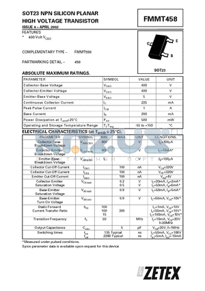 FMMT458 datasheet - SOT23 NPN SILICON PLANAR HIGH VOLTAGE TRANSISTOR