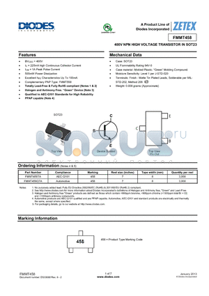 FMMT458TA datasheet - 400V NPN HIGH VOLTAGE TRANSISTOR IN SOT23