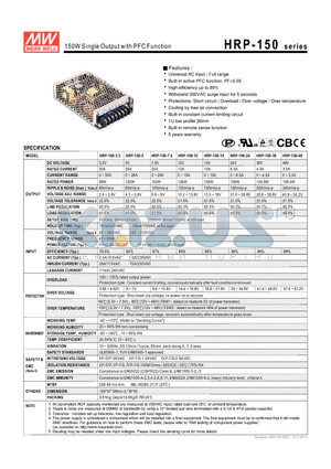 HRP-150 datasheet - 150W Single Output with PFC Function