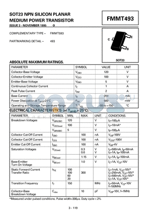 FMMT493 datasheet - SOT23 NPN SILICON PLANAR MEDIUM POWER TRANSISTOR