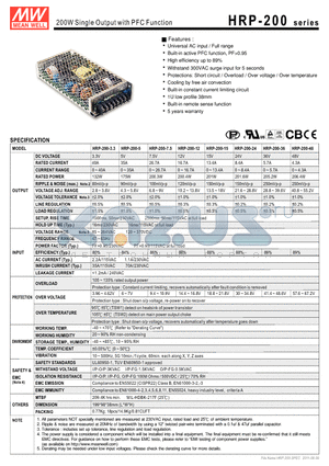 HRP-200 datasheet - 200W Single Output with PFC Function