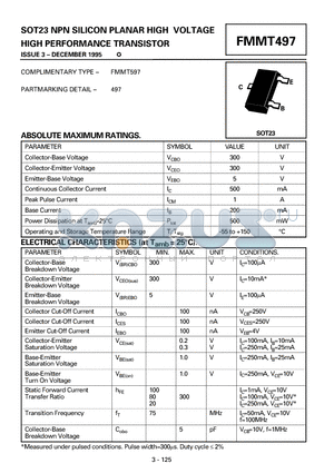 FMMT497 datasheet - NPN SILICON PLANAR HIGH VOLTAGE HIGH PERFORMANCE TRANSISTOR