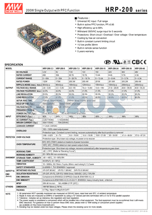 HRP-200-15 datasheet - 200W Single Output with PFC Function