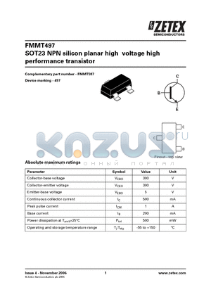 FMMT497 datasheet - SOT23 NPN silicon planar high voltage high