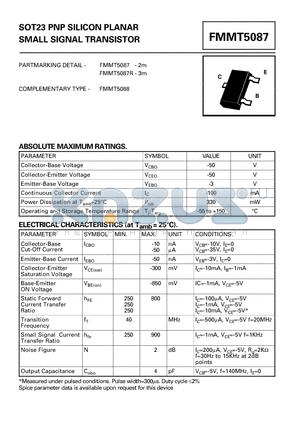 FMMT5087-2M datasheet - SOT23 PNP SILICON PLANAR SMALL SIGNAL TRANSISTOR