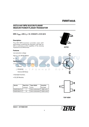 FMMT493ATA datasheet - 60V NPN SILICON PLANAR MEDIUM POWER PLANAR TRANSISTOR