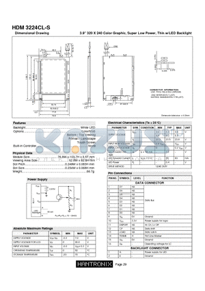 HDM3224CL-S datasheet - 3.9 320 X 240 Color Graphic, Super Low Power, Thin w/LED Backlight