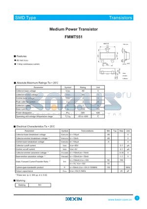 FMMT551 datasheet - Medium Power Transistor