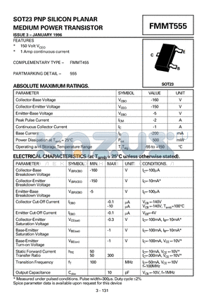 FMMT555 datasheet - PNP SILICON PLANAR MEDIUM POWER TRANSISTOR