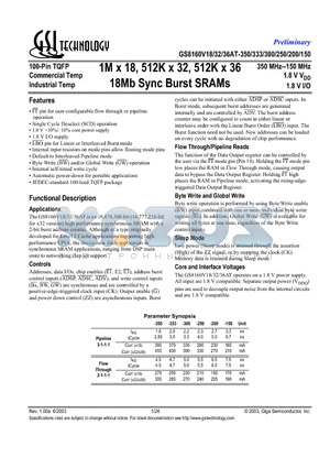 GS8160V18AT-150I datasheet - 1M x 18, 512K x 32, 512K x 36 18Mb Sync Burst SRAMs