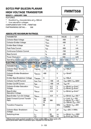 FMMT558 datasheet - PNP SILICON PLANAR HIGH VOLTAGE TRANSISTOR