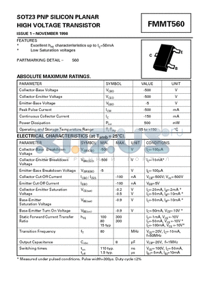 FMMT560 datasheet - PNP SILICON PLANAR HIGH VOLTAGE TRANSISTOR