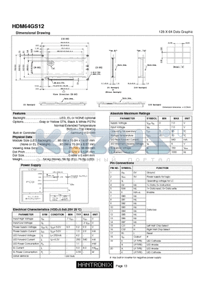 HDM64GS12 datasheet - HDM64GS12 Dimensional Drawing 128 X 64 Dots Graphic