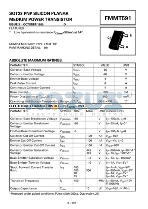 FMMT591 datasheet - PNP SILICON PLANAR MEDIUM POWER TRANSISTOR