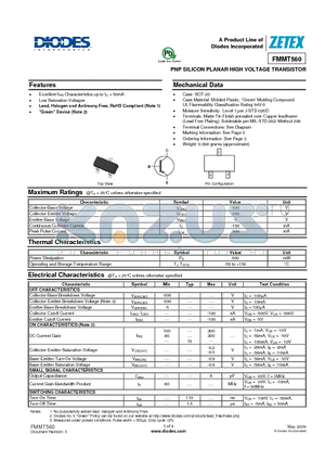 FMMT560TA datasheet - PNP SILICON PLANAR HIGH VOLTAGE TRANSISTOR