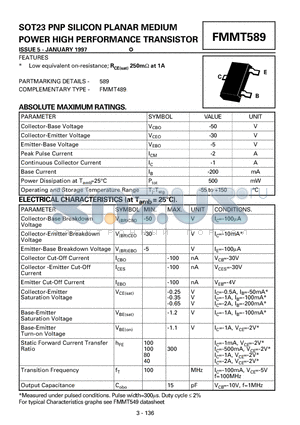 FMMT589 datasheet - PNP SILICON PLANAR MEDIUM POWER HIGH PERFORMANCE TRANSISTOR
