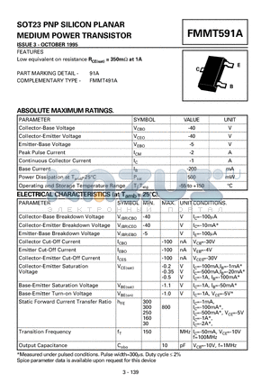 FMMT591A datasheet - PNP SILICON PLANAR MEDIUM POWER TRANSISTOR