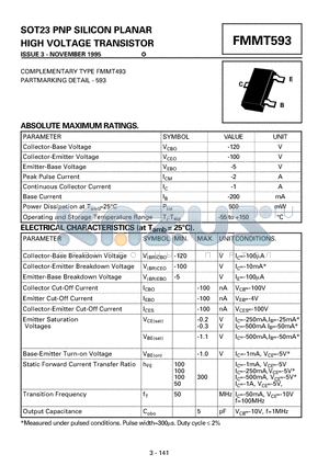 FMMT593 datasheet - PNP SILICON PLANAR HIGH VOLTAGE TRANSISTOR
